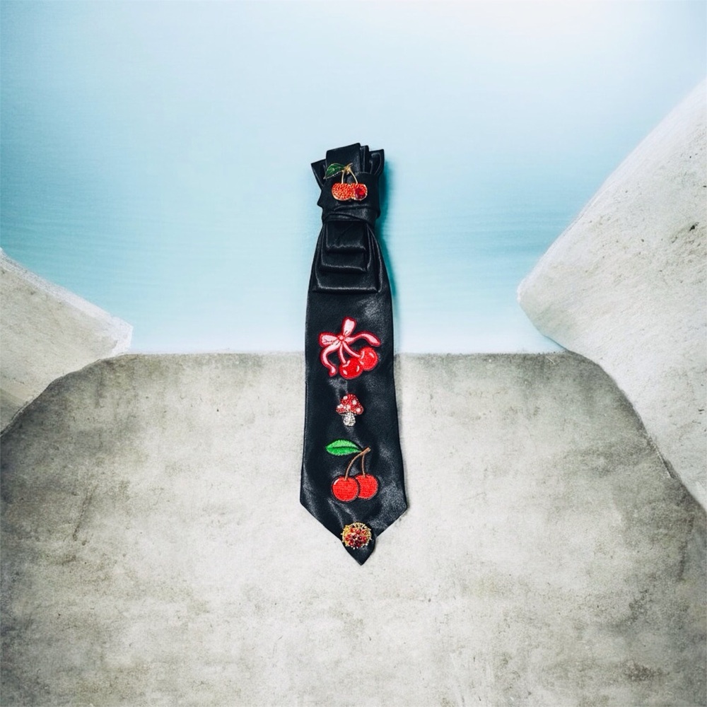 Black Satin Cherry 🍒 “Junk” Necktie with Cherry Brooch